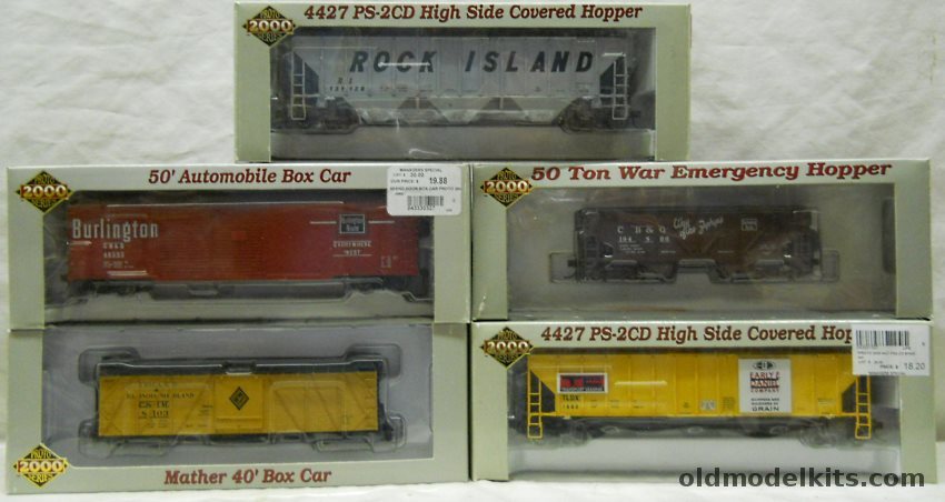 Life-Like 1/87 Proto 2000 Series 23845 CV&Q 50 Ton War Emergency Hopper / 23786 Rock Island PS-2CD High Side Covered Hopper / 30894 C&IM Mather 40' Box Car / 7680 TLDX PS-2CD High Side Covered Hopper / 30327 CB&Q 50' Automotive Boxcar - HO Scale plastic model kit